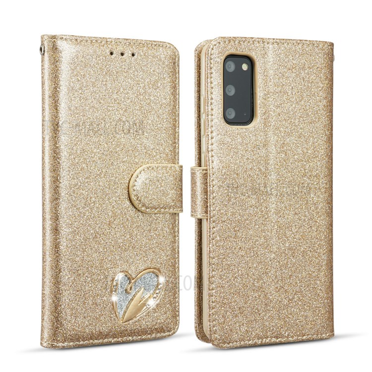 Gleaming Diamond Leather with Metal Heart Shape Decor Phone Cover Shell for Samsung Galaxy S20 - Gold-1