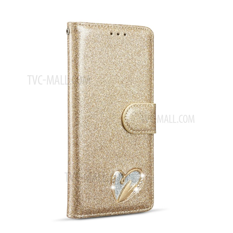 Gleaming Diamond Leather with Metal Heart Shape Decor Phone Cover Shell for Samsung Galaxy S20 - Gold-2