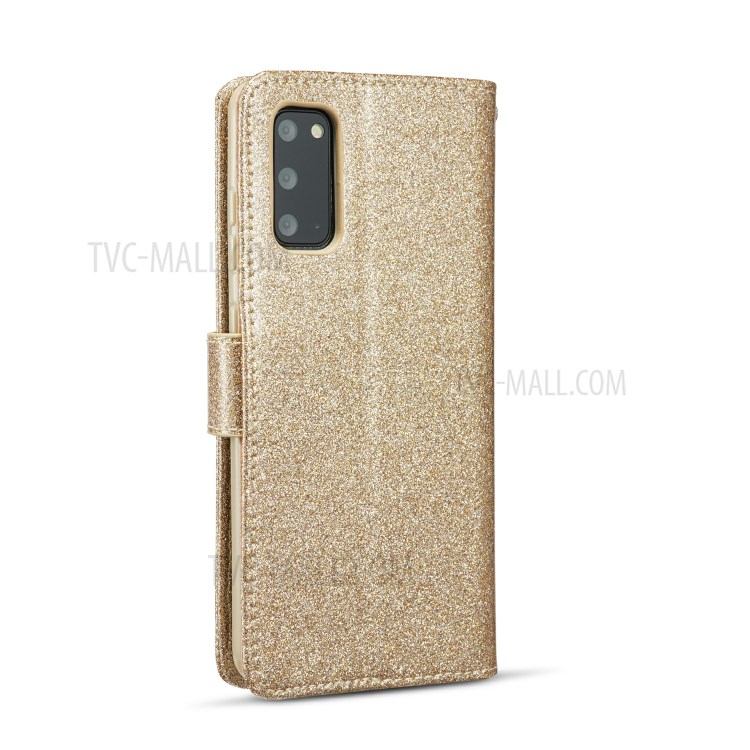 Gleaming Diamond Leather with Metal Heart Shape Decor Phone Cover Shell for Samsung Galaxy S20 - Gold-3