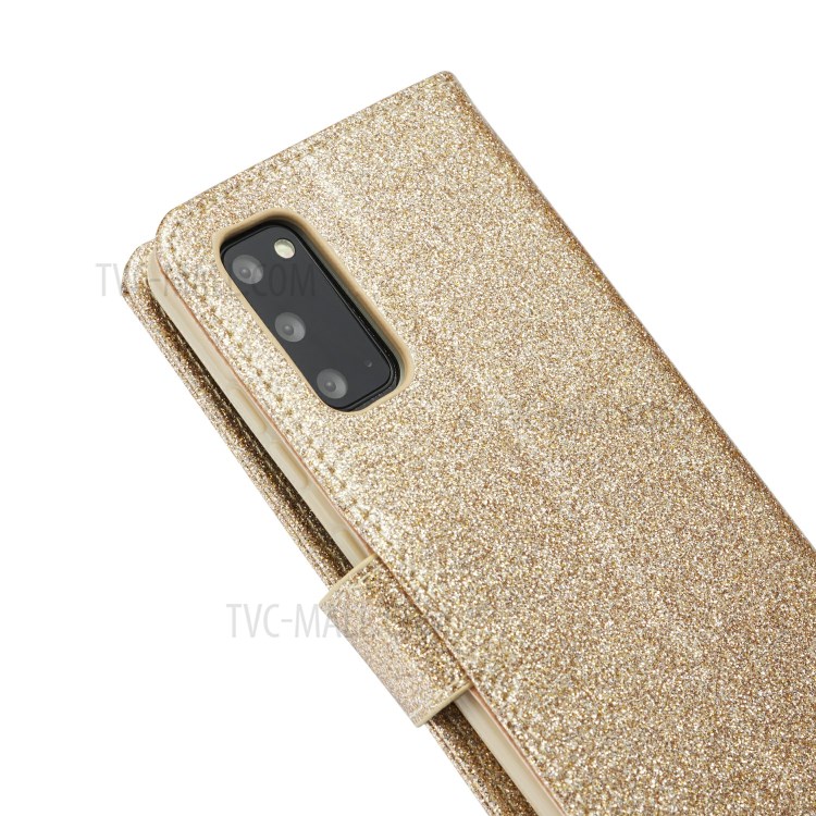 Gleaming Diamond Leather with Metal Heart Shape Decor Phone Cover Shell for Samsung Galaxy S20 - Gold-6