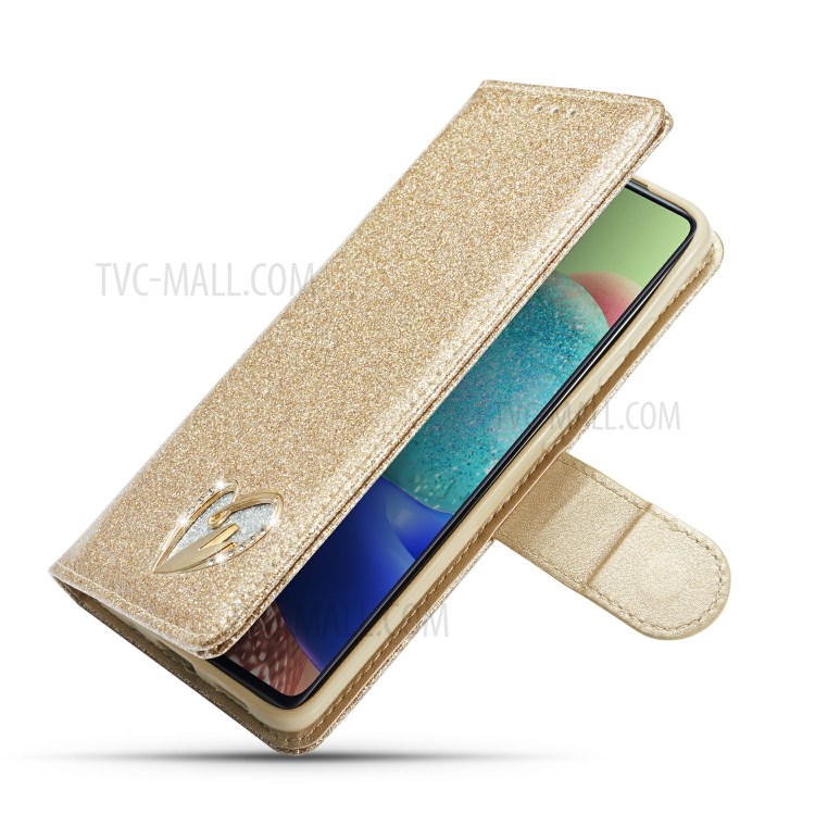Gleaming Diamond Leather with Metal Heart Shape Decor Phone Cover Shell for Samsung Galaxy S20 - Gold-7