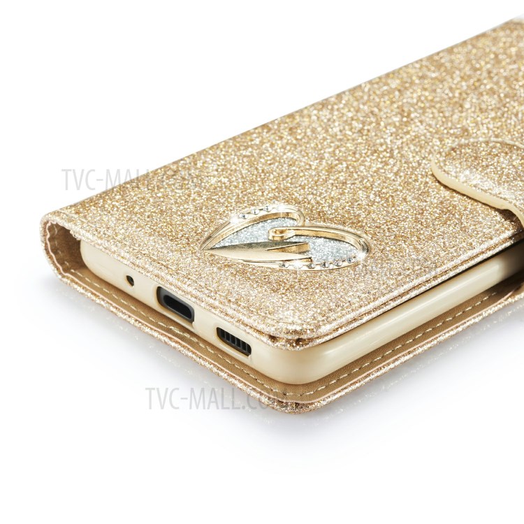 Gleaming Diamond Leather with Metal Heart Shape Decor Phone Cover Shell for Samsung Galaxy S20 - Gold-8