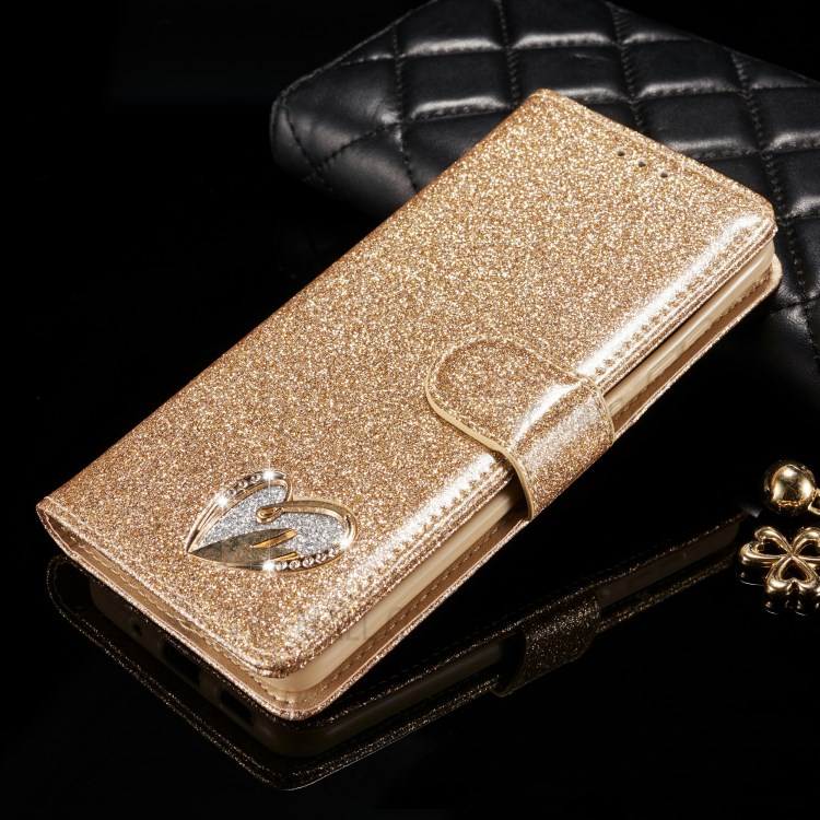 Gleaming Diamond Leather with Metal Heart Shape Decor Phone Cover Shell for Samsung Galaxy S20 - Gold-9