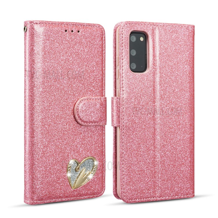 Gleaming Diamond Leather with Metal Heart Shape Decor Phone Cover Shell for Samsung Galaxy S20 - Pink-1