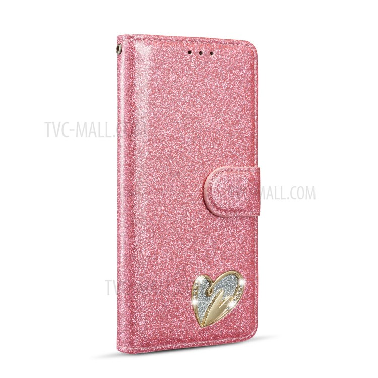 Gleaming Diamond Leather with Metal Heart Shape Decor Phone Cover Shell for Samsung Galaxy S20 - Pink-2