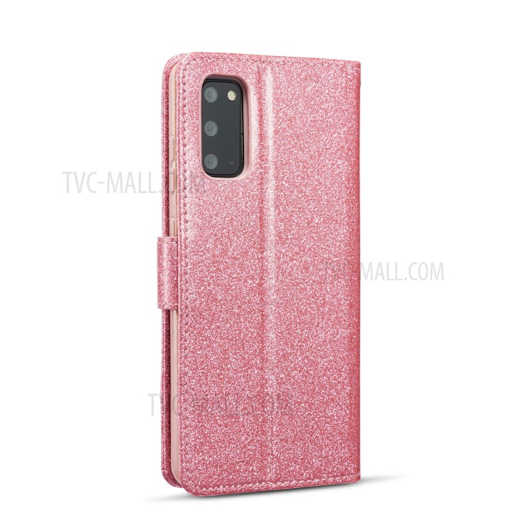 Gleaming Diamond Leather with Metal Heart Shape Decor Phone Cover Shell for Samsung Galaxy S20 - Pink-3