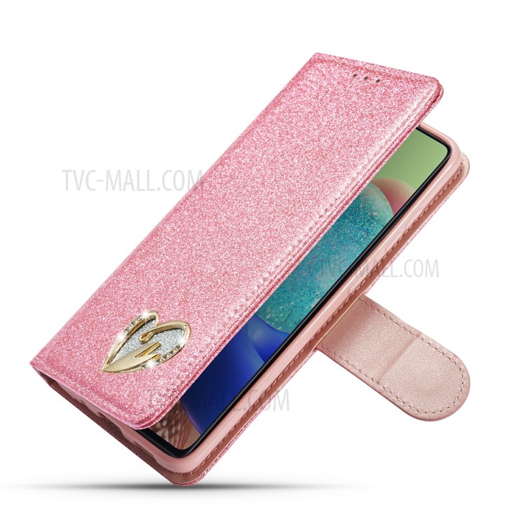 Gleaming Diamond Leather with Metal Heart Shape Decor Phone Cover Shell for Samsung Galaxy S20 - Pink-7