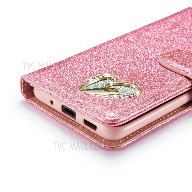 Gleaming Diamond Leather with Metal Heart Shape Decor Phone Cover Shell for Samsung Galaxy S20 - Pink-8