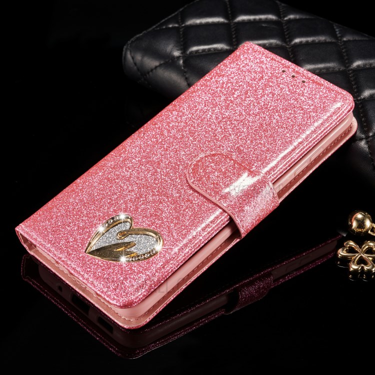 Gleaming Diamond Leather with Metal Heart Shape Decor Phone Cover Shell for Samsung Galaxy S20 - Pink-9