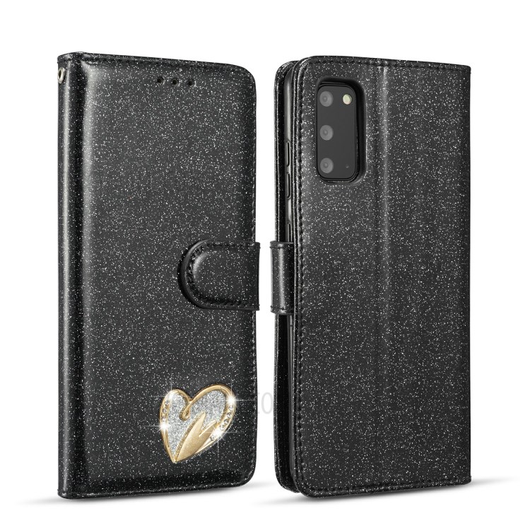 Gleaming Diamond Leather with Metal Heart Shape Decor Phone Cover Shell for Samsung Galaxy S20 - Black-1