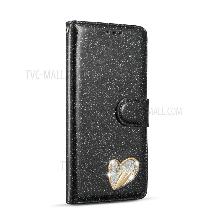 Gleaming Diamond Leather with Metal Heart Shape Decor Phone Cover Shell for Samsung Galaxy S20 - Black-2