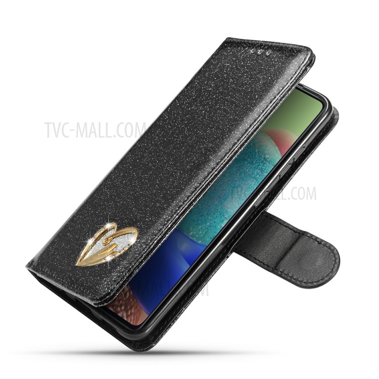 Gleaming Diamond Leather with Metal Heart Shape Decor Phone Cover Shell for Samsung Galaxy S20 - Black-7