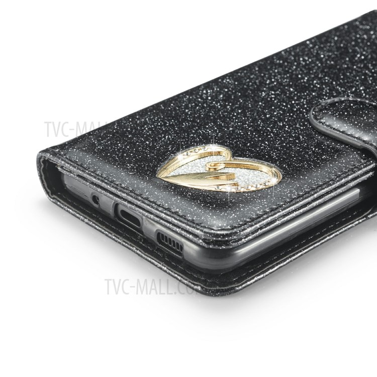 Gleaming Diamond Leather with Metal Heart Shape Decor Phone Cover Shell for Samsung Galaxy S20 - Black-8