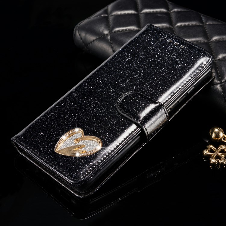 Gleaming Diamond Leather with Metal Heart Shape Decor Phone Cover Shell for Samsung Galaxy S20 - Black-9