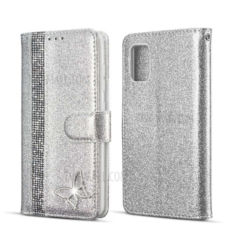 Glitter Powder Leather Phone Case with Crystal Band and Metal Butterfly Decor for Samsung Galaxy A41 (Global Version) - Silver-1