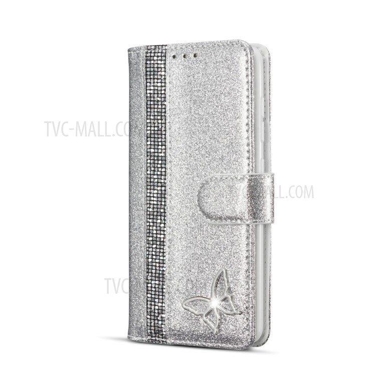 Glitter Powder Leather Phone Case with Crystal Band and Metal Butterfly Decor for Samsung Galaxy A41 (Global Version) - Silver-2