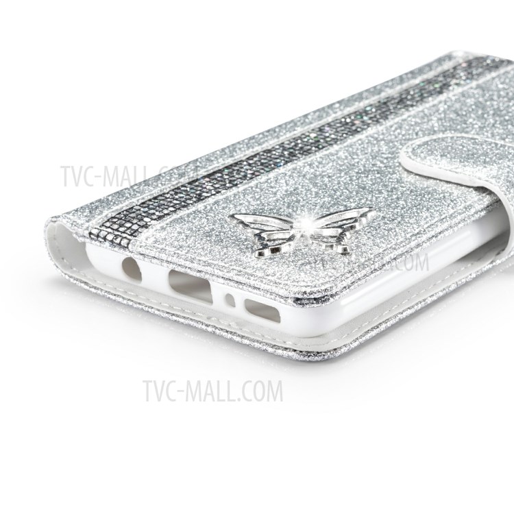 Glitter Powder Leather Phone Case with Crystal Band and Metal Butterfly Decor for Samsung Galaxy A41 (Global Version) - Silver-6