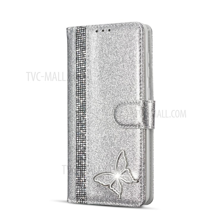 Glitter Powder Leather Phone Case with Crystal Band and Metal Butterfly Decor for Samsung Galaxy A21s - Silver-2