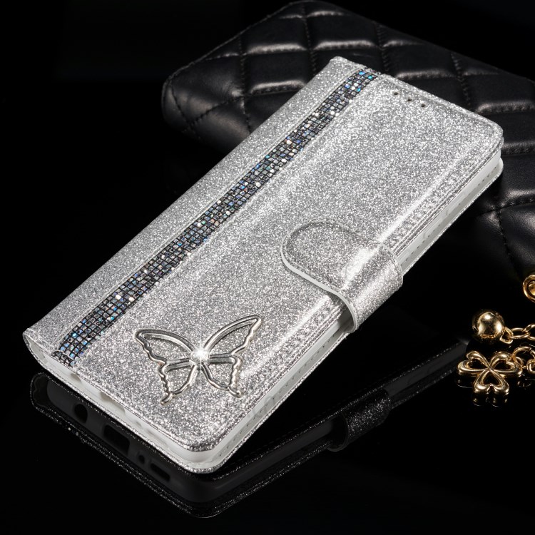 Glitter Powder Leather Phone Case with Crystal Band and Metal Butterfly Decor for Samsung Galaxy A51 SM-A515 - Silver-8