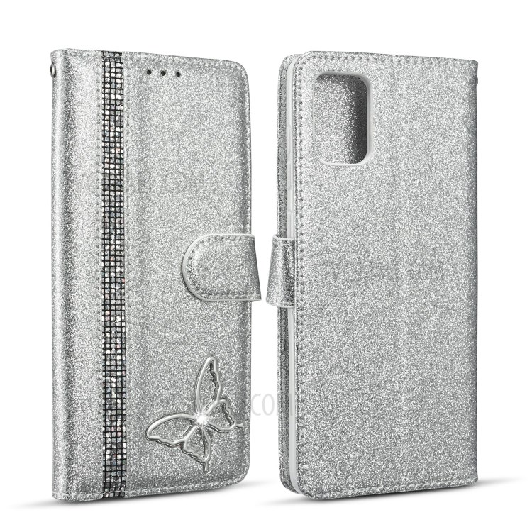 Glitter Powder Leather Phone Case with Crystal Band and Metal Butterfly Decor for Samsung Galaxy A71 SM-A715 - Silver-1