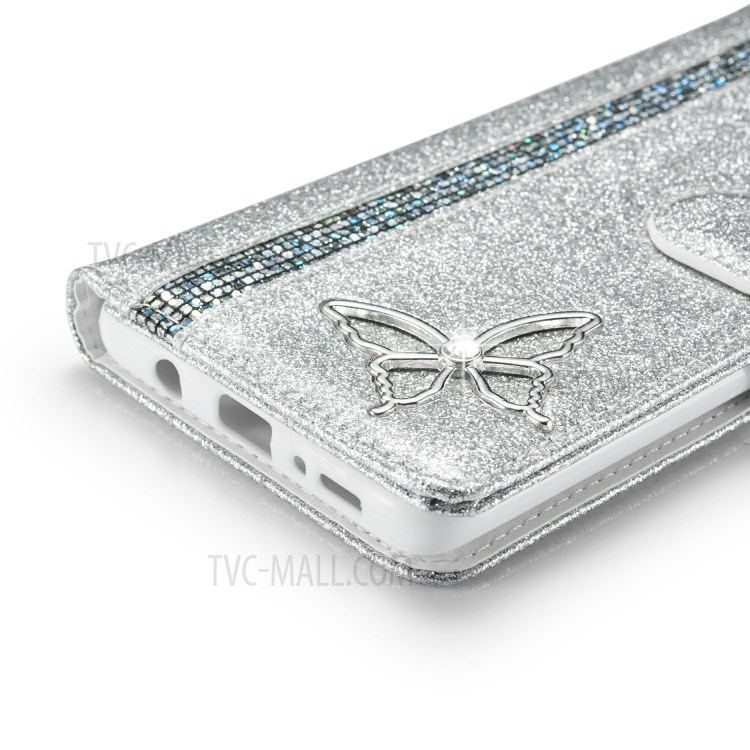 Glitter Powder Leather Phone Case with Crystal Band and Metal Butterfly Decor for Samsung Galaxy A71 SM-A715 - Silver-7