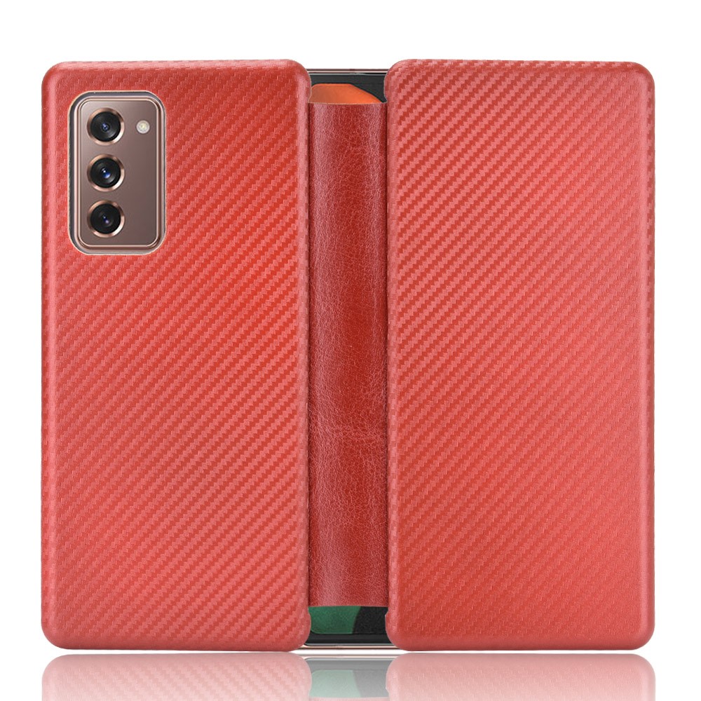 For Samsung Galaxy Z Fold2 5G Shockproof Phone Case Leather Carbon Fiber Flip Cover with Card Slot - Red