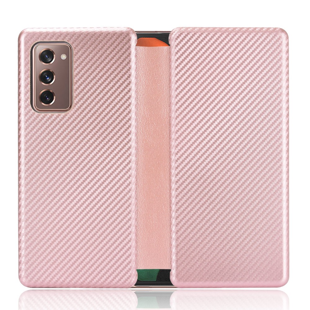 For Samsung Galaxy Z Fold2 5G Shockproof Phone Case Leather Carbon Fiber Flip Cover with Card Slot - Rose Gold