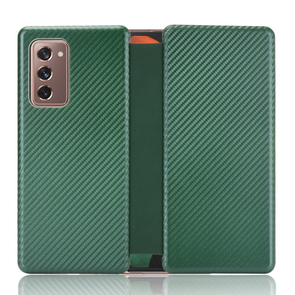 For Samsung Galaxy Z Fold2 5G Shockproof Phone Case Leather Carbon Fiber Flip Cover with Card Slot - Green