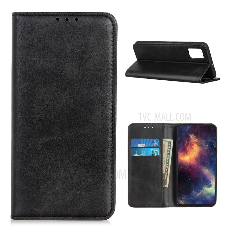 Auto-absorbed Split Leather Phone Shell for Samsung Galaxy M51 Side Fingerprint Version - Black-1