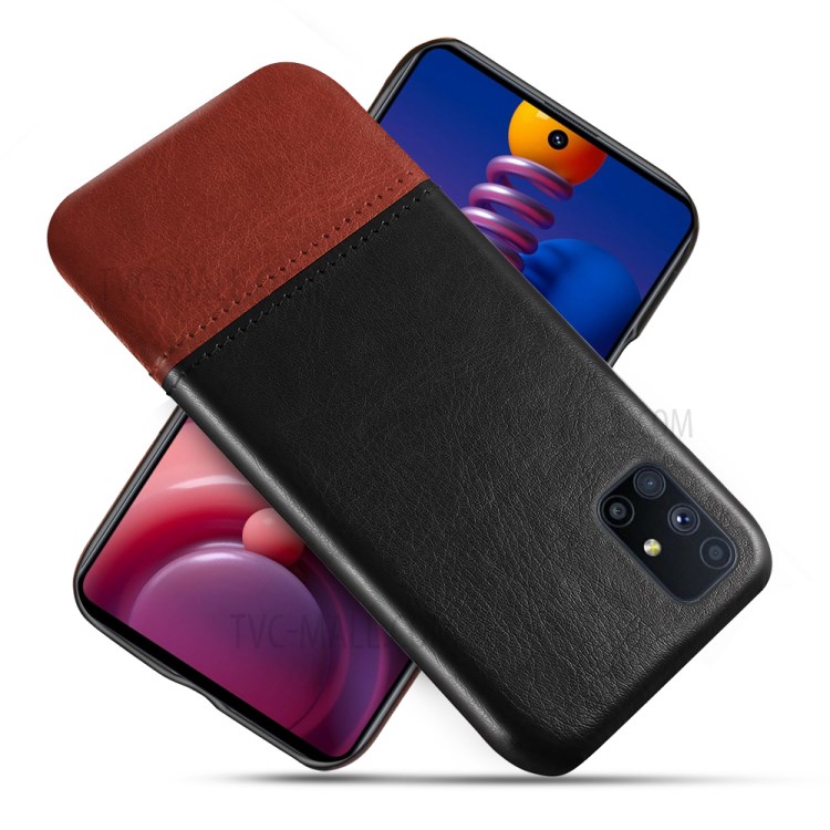 KSQ Dual-color Splicing PU Leather + PC Protector Cover for Samsung Galaxy M51 (Side Fingerprint) - Black/Dark Brown-1
