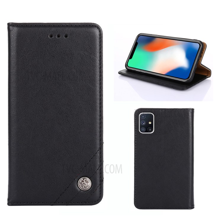 Leather Wallet Phone Flip Case for Samsung Galaxy M51 (Side Fingerprint) - Black-1