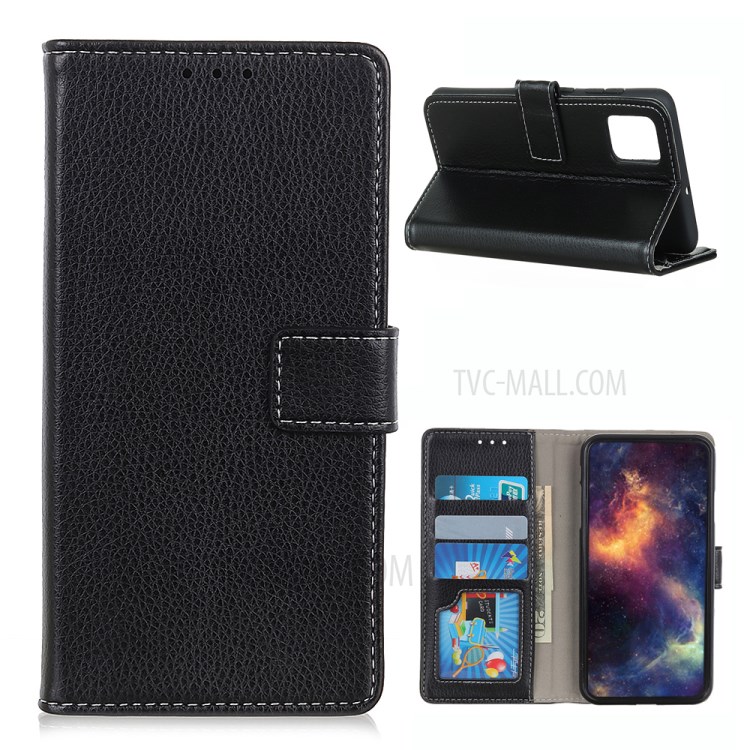 Soft Litchi Skin Wallet Leather Stand Case Phone Shell for Samsung Galaxy M51 (Side Fingerprint) - Black-1