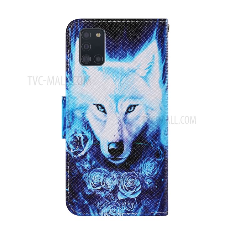 Pattern Printing Leather Wallet Stylish Stand Case with Handy Strap for Samsung Galaxy A31 - Wolf-2