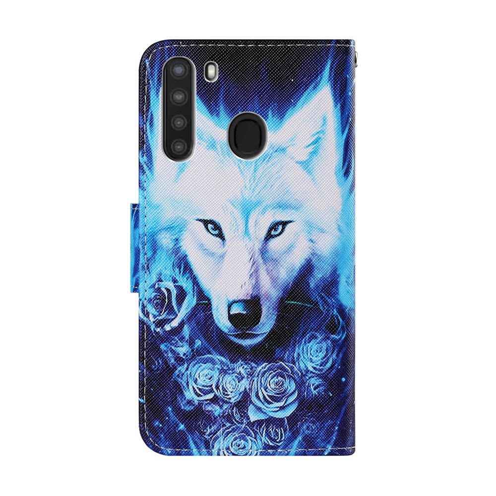 Étui de Portefeuille en Cuir D'impression de Motif Faddish Pour Samsung Galaxy A21 - Loup