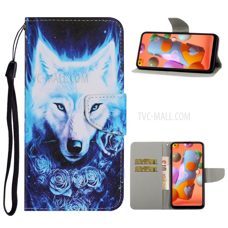 Pattern Printing Leather Wallet Stylish Stand Case with Handy Strap for Samsung Galaxy A11/M11 - Wolf-1