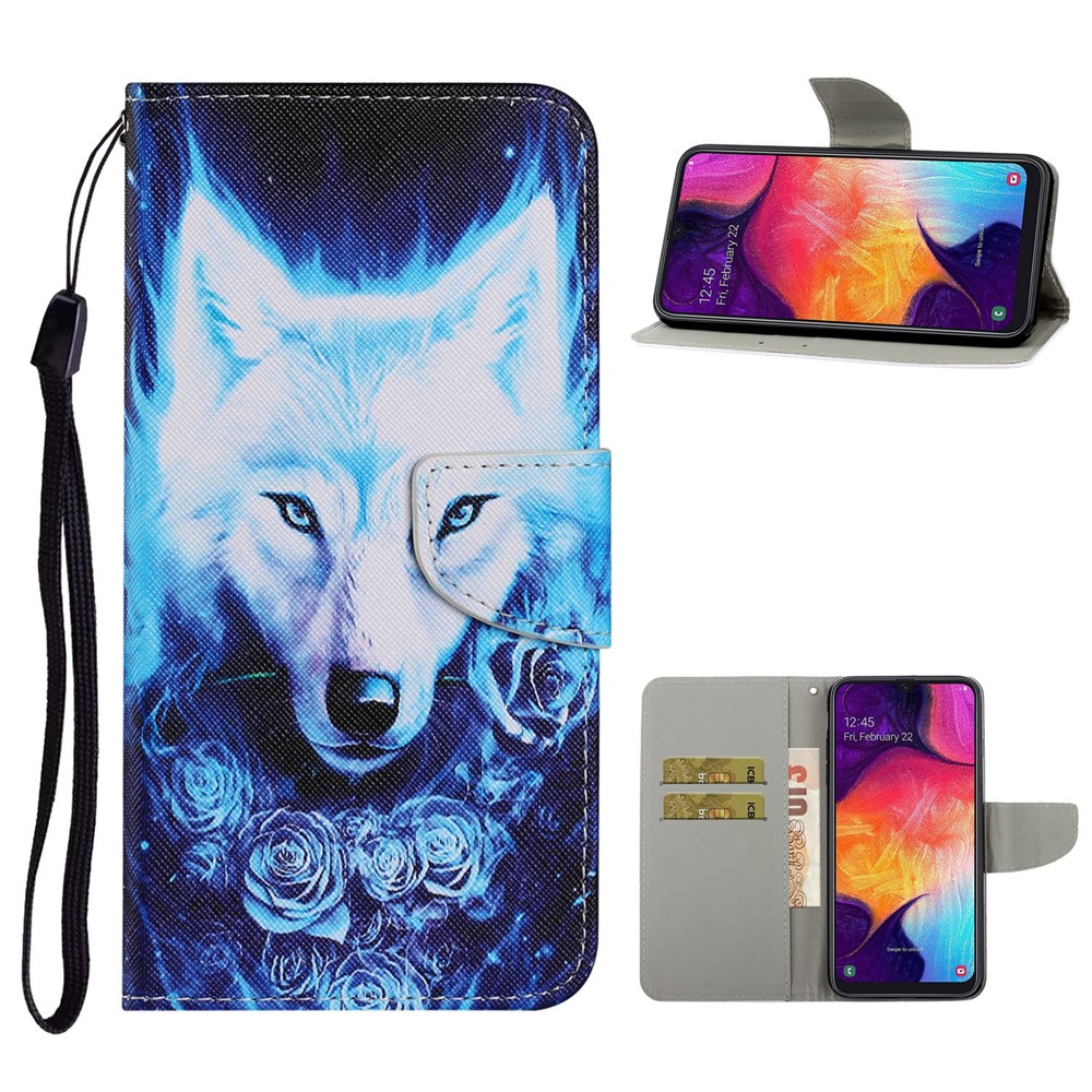 Musterdruck Leder Brieftasche Stilvolle Standhülle Mit Handlichem Riemen Für Samsung Galaxy A41 (globale Version) - Wolf