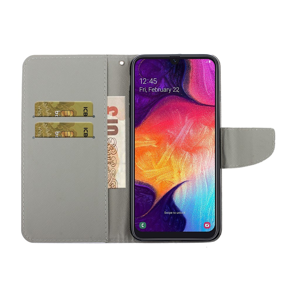 Musterdruck Leder Brieftasche Stilvolle Standhülle Mit Handlichem Riemen Für Samsung Galaxy A41 (globale Version) - Wolf