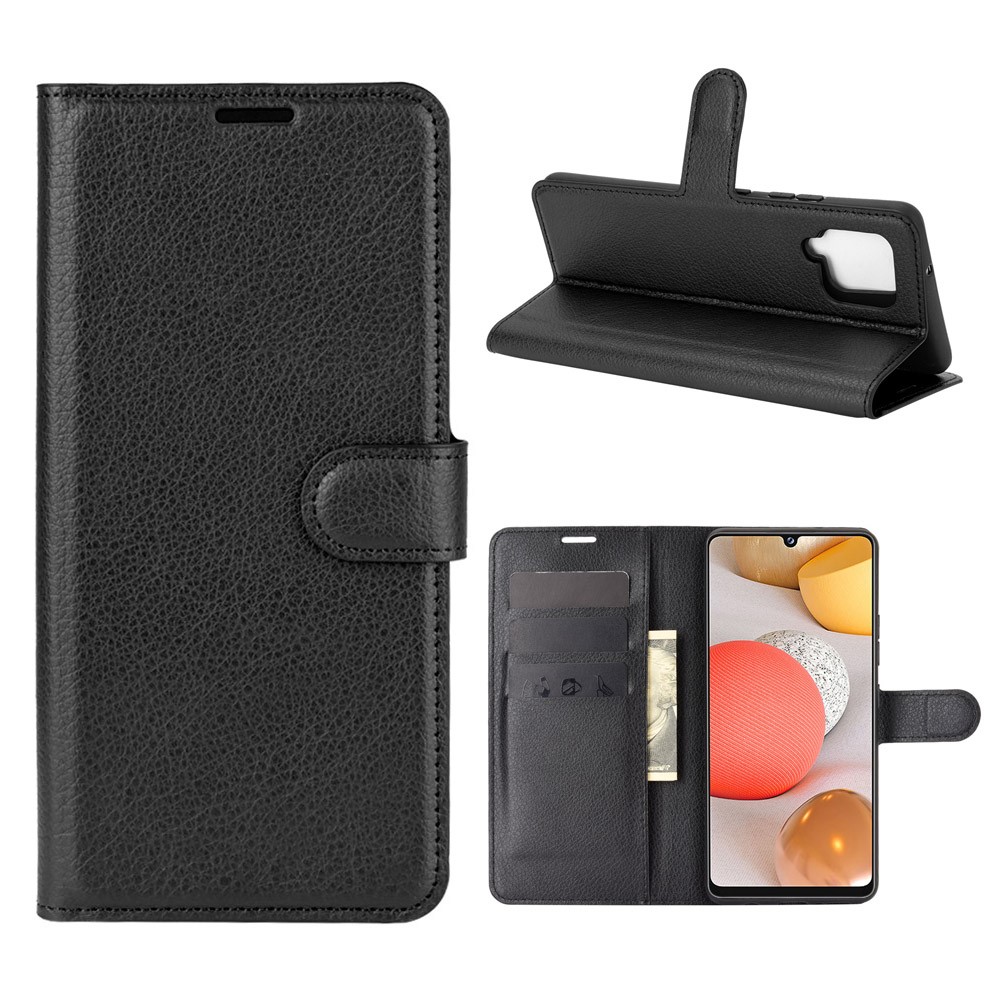 Litchi Textur Wallet Stand Lederschale Schutzabdeckung Für Samsung Galaxy A42 5G - Schwarz