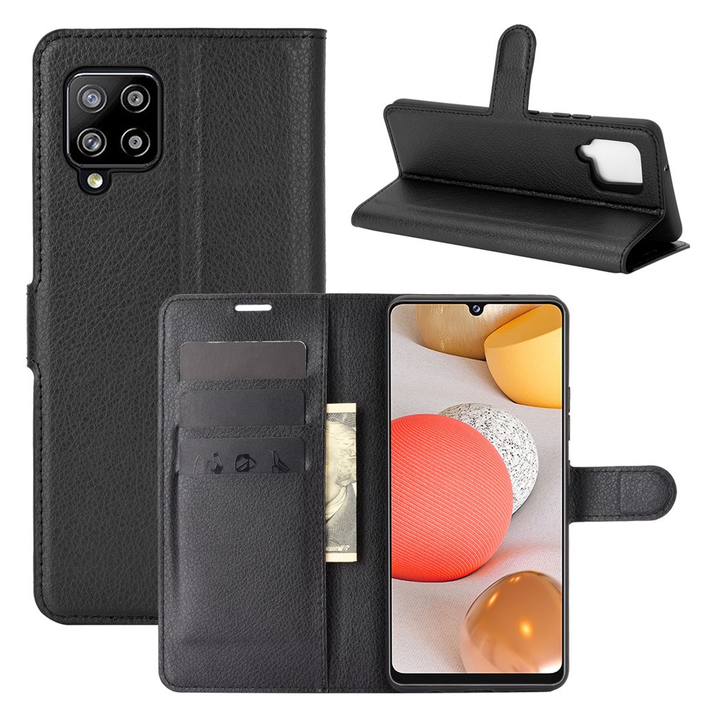 Litchi Textur Wallet Stand Lederschale Schutzabdeckung Für Samsung Galaxy A42 5G - Schwarz