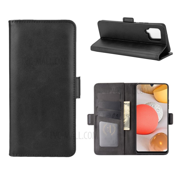 Double Clasp Flip Leather Wallet Stand Phone Cover for Samsung Galaxy A42 5G - Black-1