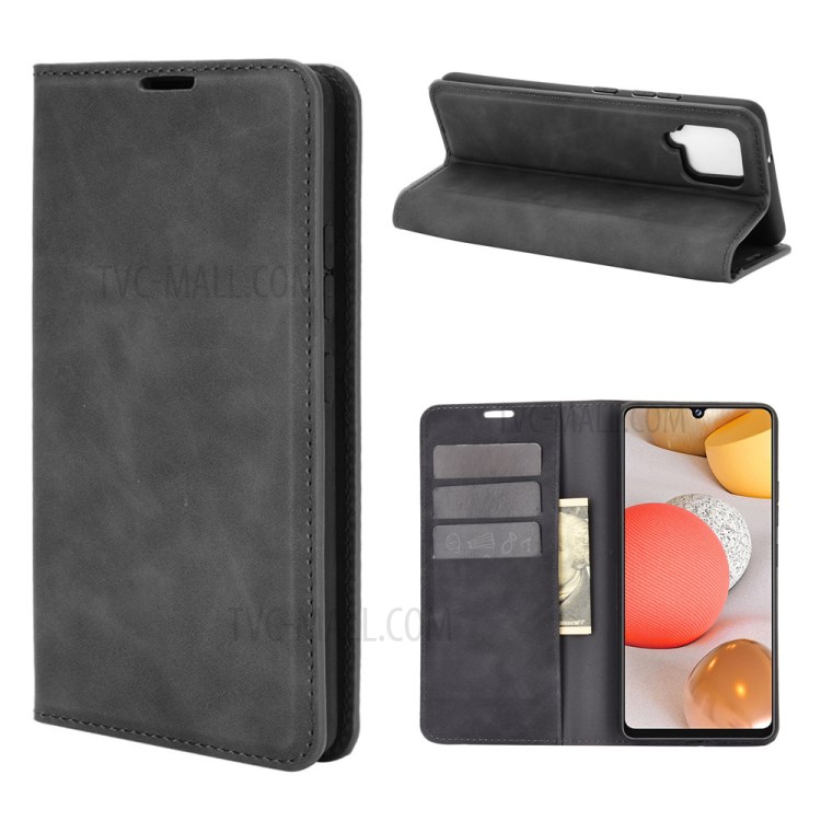 Silky Touch Leather Shell Case for Samsung Galaxy A42 5G - Black-1