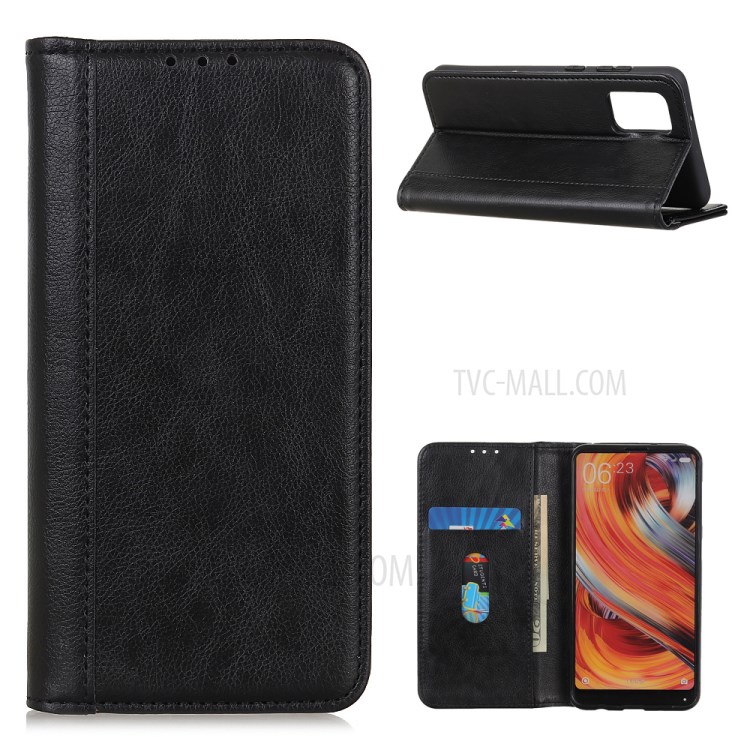 Split Litchi Skin Leather Phone Cover Case for Samsung Galaxy M51 Side Fingerprint Version - Black-1