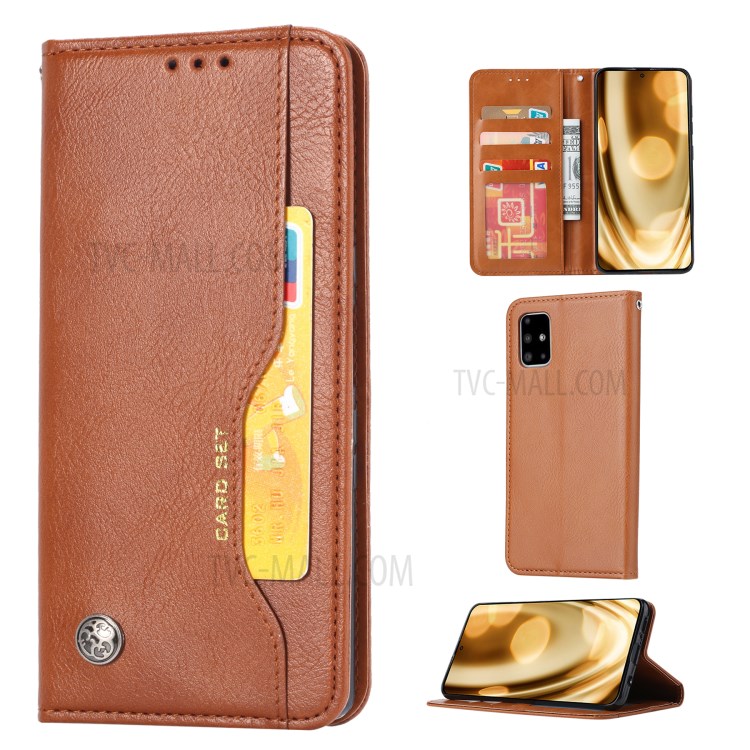 Auto-absorbed Wallet Stand Leather Protector Phone Cover for Samsung Galaxy M51 (Side Fingerprint Hole) - Brown-1
