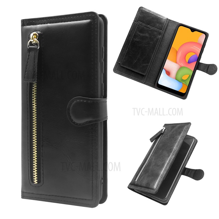 Zipper Pocket Wallet Leather Phone Cover with Stand for Samsung Galaxy A01 - Black-1