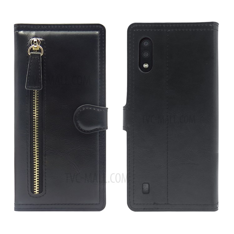 Zipper Pocket Wallet Leather Phone Cover with Stand for Samsung Galaxy A01 - Black-8