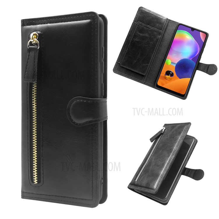 For Samsung Galaxy A31 Zipper Pocket Wallet Leather Mobile Casing with Stand - Black