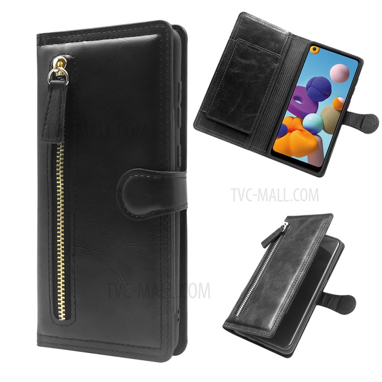 Zipper Pocket Wallet Leather Case with Stand for Samsung Galaxy A21 - Black-1