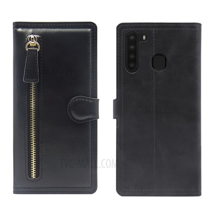 Zipper Pocket Wallet Leather Case with Stand for Samsung Galaxy A21 - Black-3