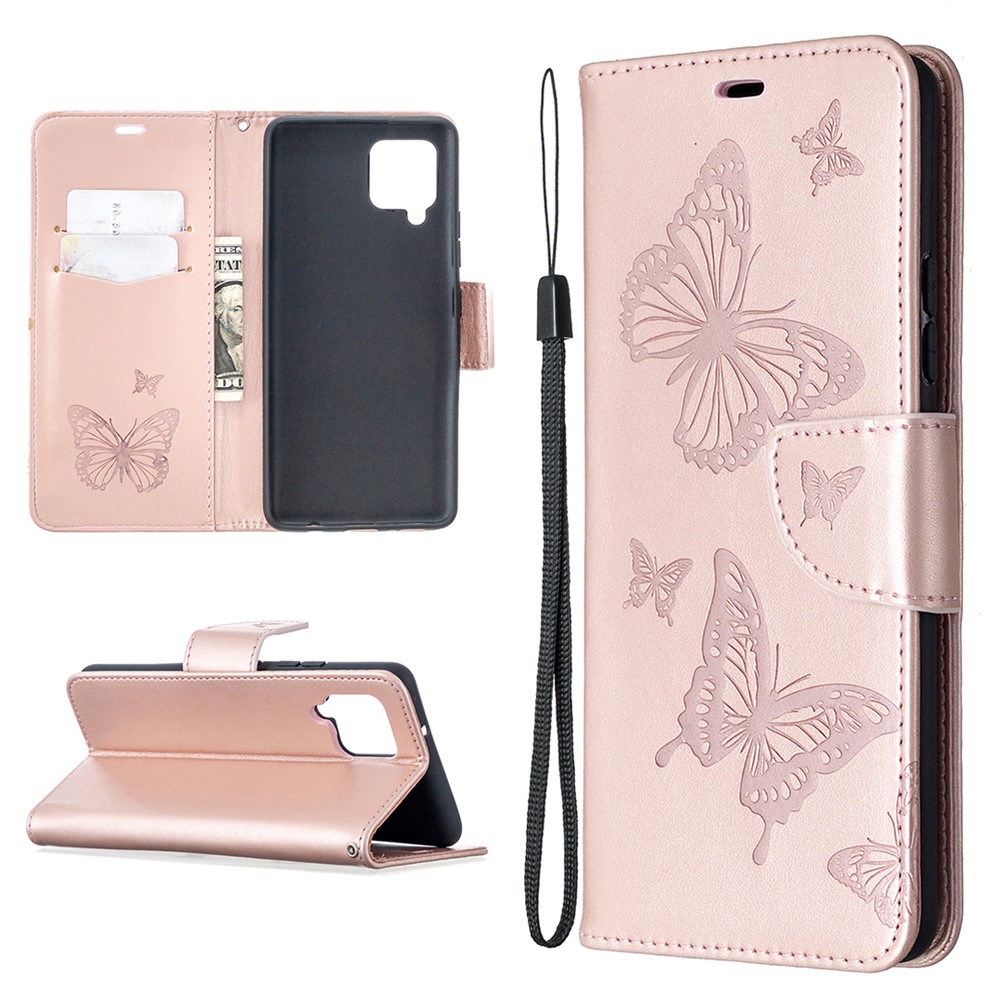 Imprint Butterflies with Wallet Leather Cover for Samsung Galaxy A42 5G - Rose Gold-1