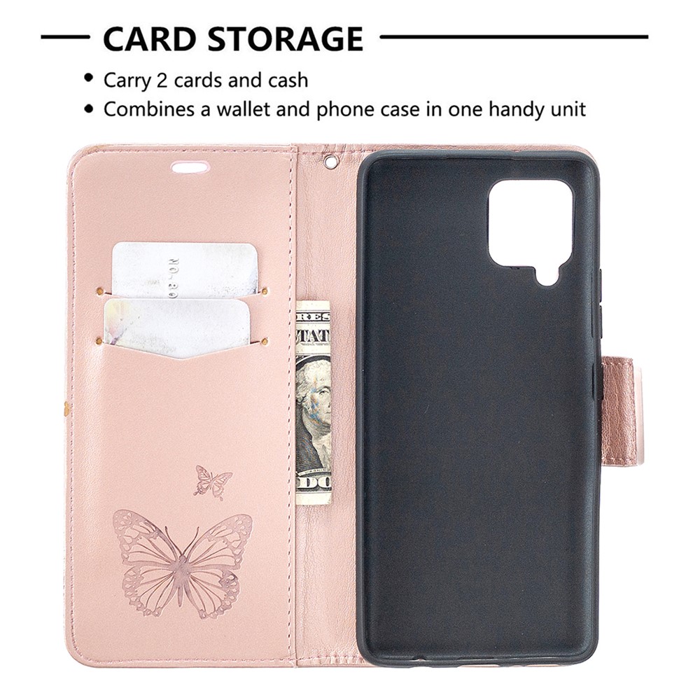 Imprint Butterflies with Wallet Leather Cover for Samsung Galaxy A42 5G - Rose Gold-3